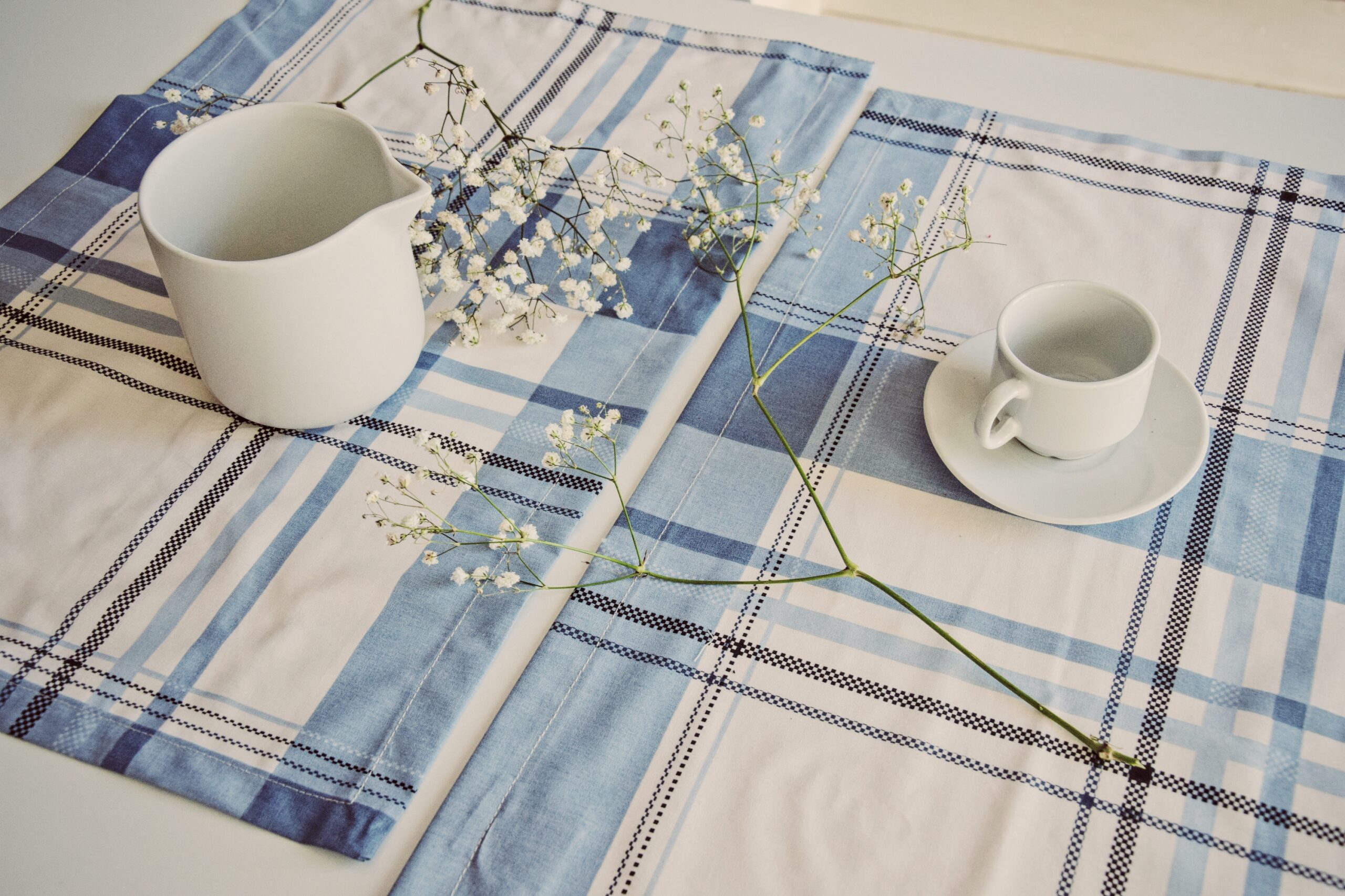 Set de table à carreaux bleus et blancs sur table dressée avec tasse et fleurs
